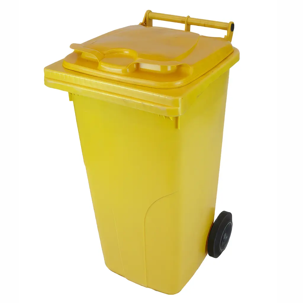 120 litre tekerlekli çöp kovası - sarı HDPE plastik atık bidonu